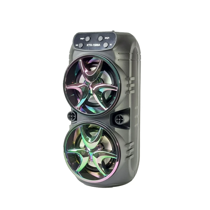 اسپیکر بلوتوثی قابل حمل مدل KTX-1588A، مدت زمان پخش ۲ تا ۳ ساعت، نسخه بلوتوث ۵، منبع انرژی باتری، مدت زمان شارژ شدن ۱ ساعت، همراه با کابل شارژ USB به MICRO USB، درگاه ارتباطی شامل USB و micro SD، دارای نورپردازی