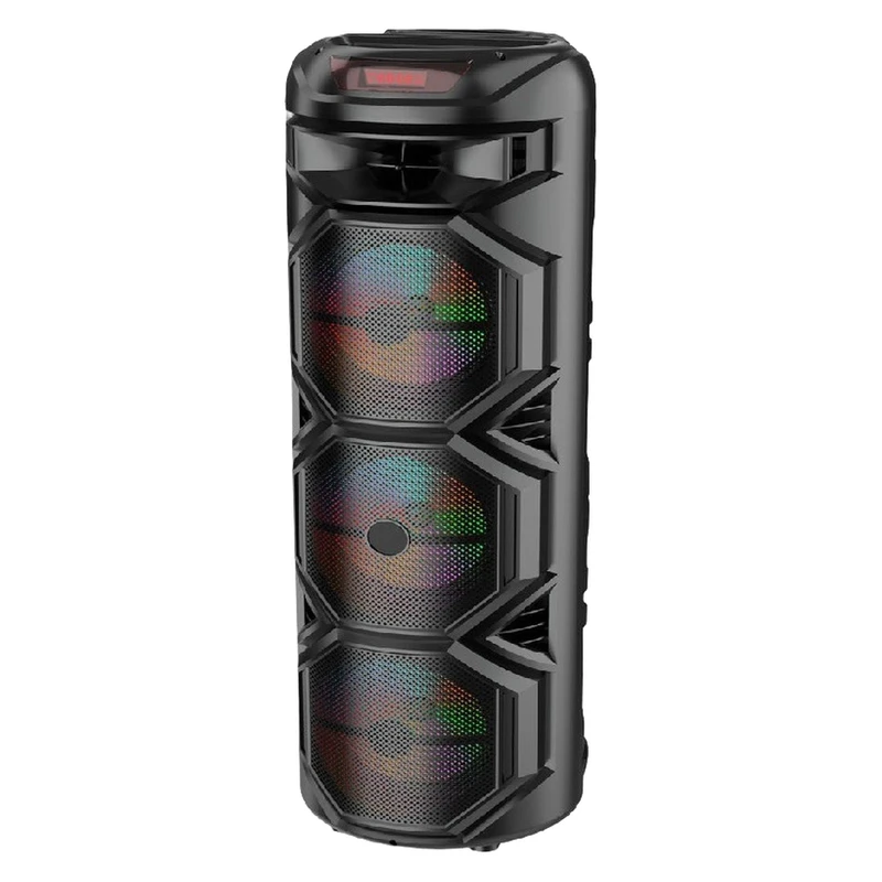 اسپیکر بلوتوثی قابل حمل مدل ZQS-8301، منبع انرژی باتری و برق، نوع باتری لیتیومی، همراه با میکروفون وایرلس، ریموت کنترل و کابل شارژر، درگاه ارتباطی شامل ورودی میکروفون، شیار کارت حافظه، USB و AUX، دارای چرخ