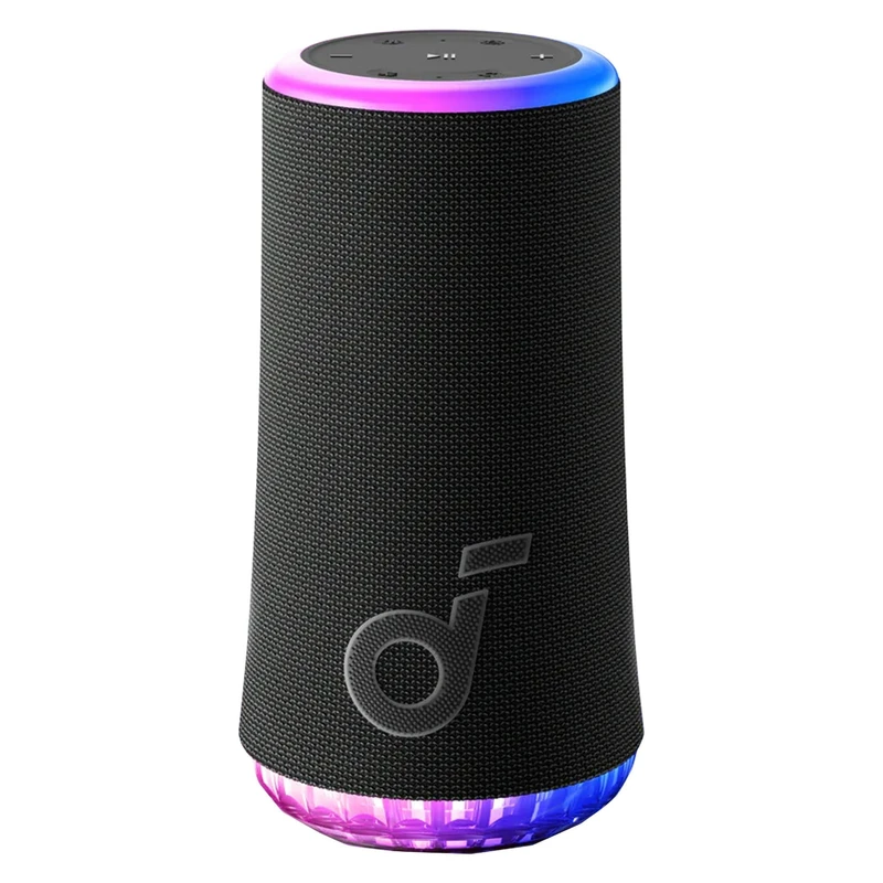 اسپیکر بلوتوثی قابل حمل انکر مدل Glow A3166011، منبع انرژی باتری لیتیوم-یونی، همراه با کابل USB-C، شیار کارت حافظه، درگاه ارتباطی شامل USB Type-C، دارای پخش صدای ۳۶۰ درجه، مقاوم در برابر آب